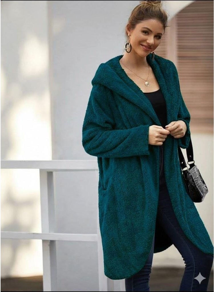 Solid Dual Pocket Open Front Teddy Coat (Teal) - Image 5